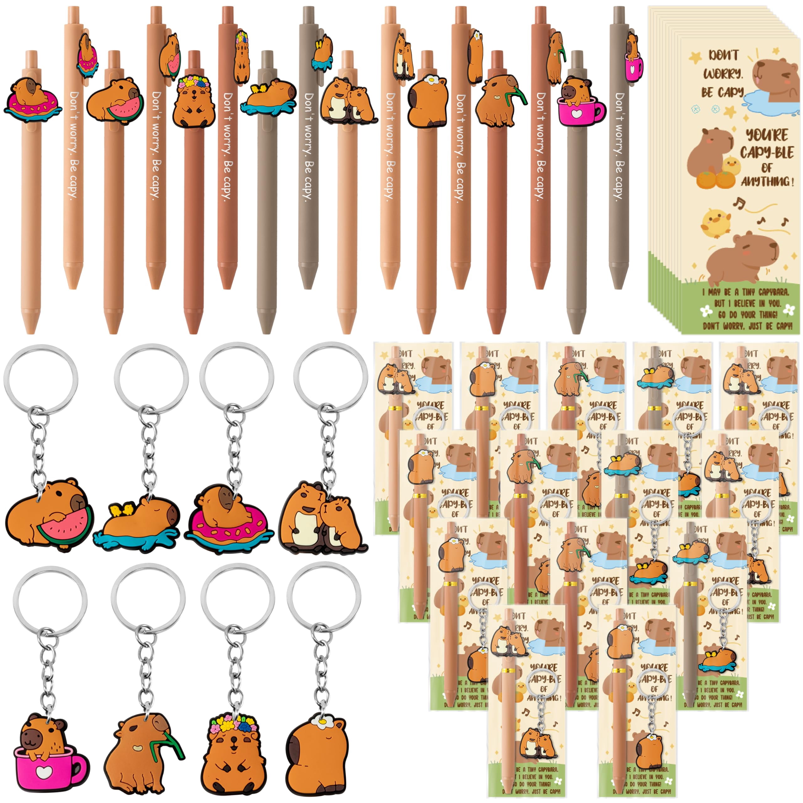 Capybara Motivational Gifts Bulk - 12 Set Capybara Ballpoint Pens Keychains Bookmarks, Funny Classroom Rewards Student Teacher Employees Coworker Appreciation Gifts Inspirational Party Favors