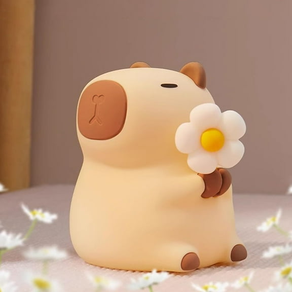 Capybara Night Light, 7-Color RGB & 3-Level Dimmable WarmLight, Tap Control, 30Min Timer, 100% Safe &Soft Silicone, Adorable, Soothing Ambiance, Detachable Flower（Flower）