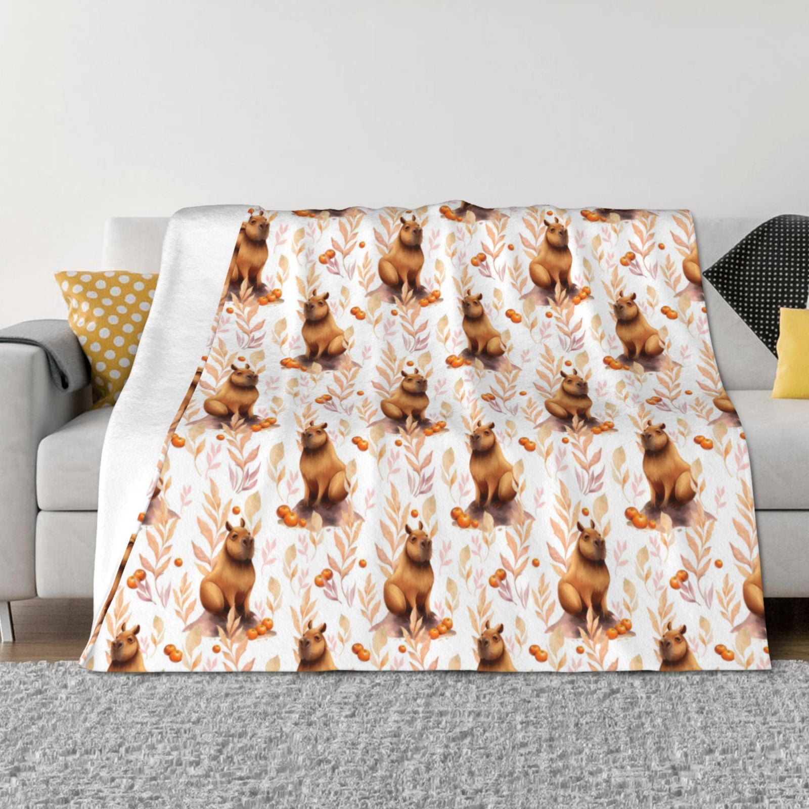 Capybara Orange Leaf Throw Blanket for Couch, Soft Comfy Warm Plush