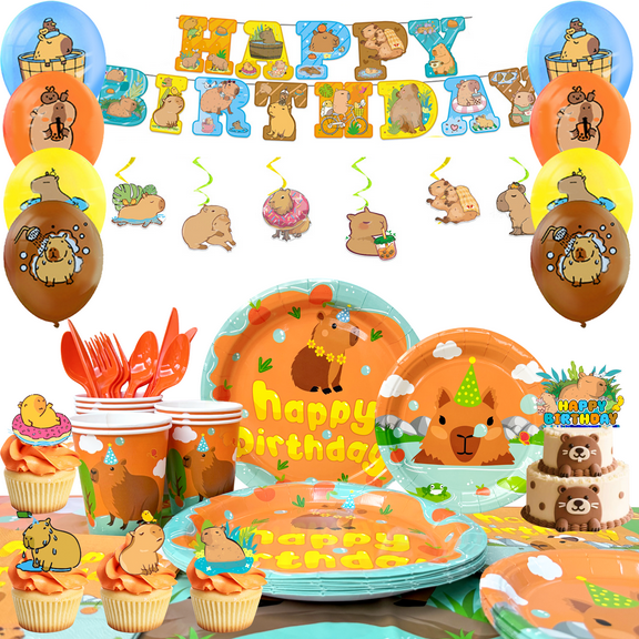 Capybara Party Supplies, Capybara Decorations & Tableware Sets - 107 Pcs Capybara Birthday Party Plates Cups Napkins Cake Toppers,Capybara Party Balloons Banners etc. Capybara Birthday Decorations