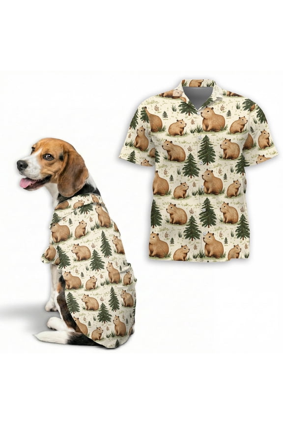 Capybara Pattern Hawaiian Shirt, Cute Capybara Animal Print Button Down Aloha Shirt for Men Women or Dogs, Unisex Short Sleeve Tropical Beach Shirt