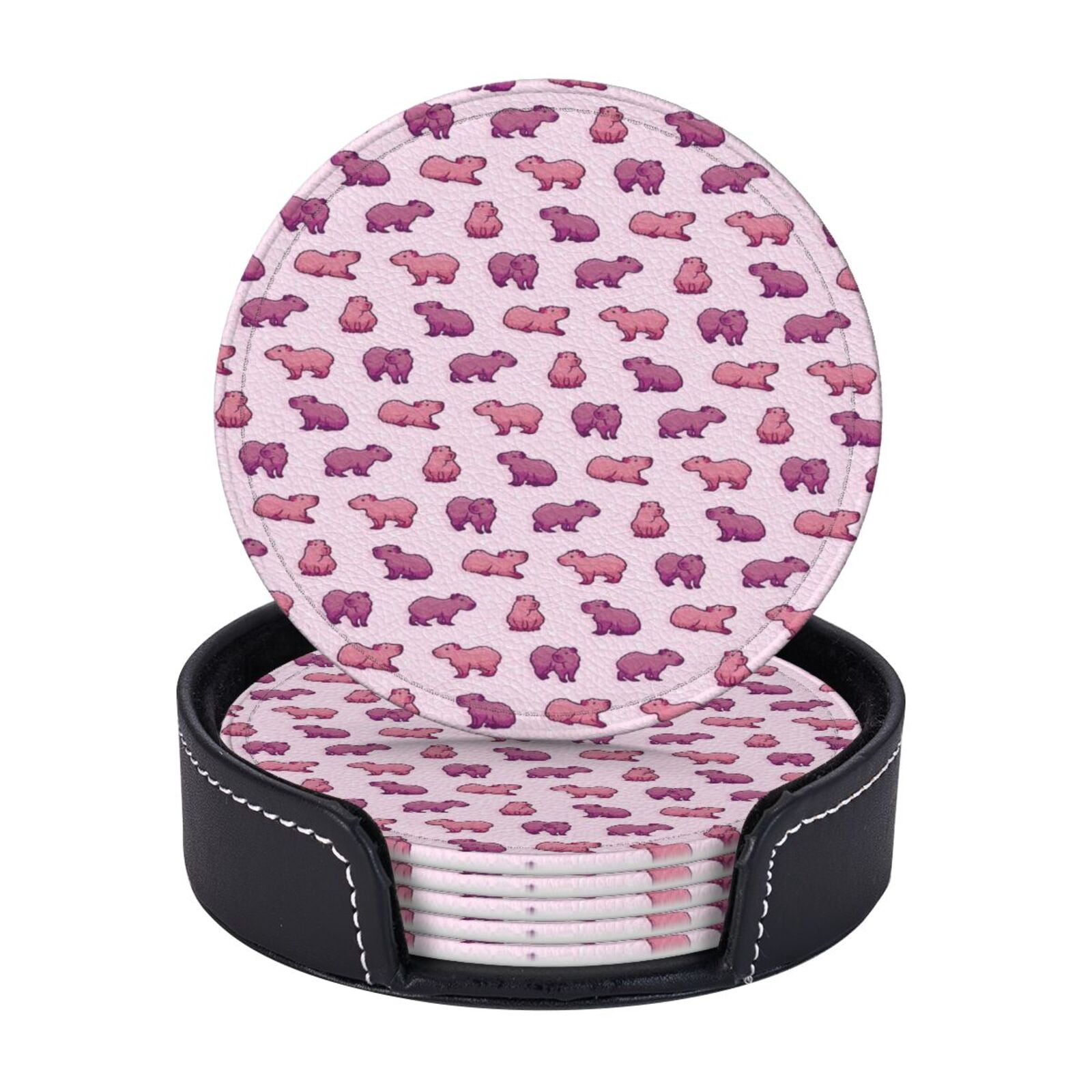 Capybara Pink Coasters With Leather Holder Set Of 6 Round Coasters for ...