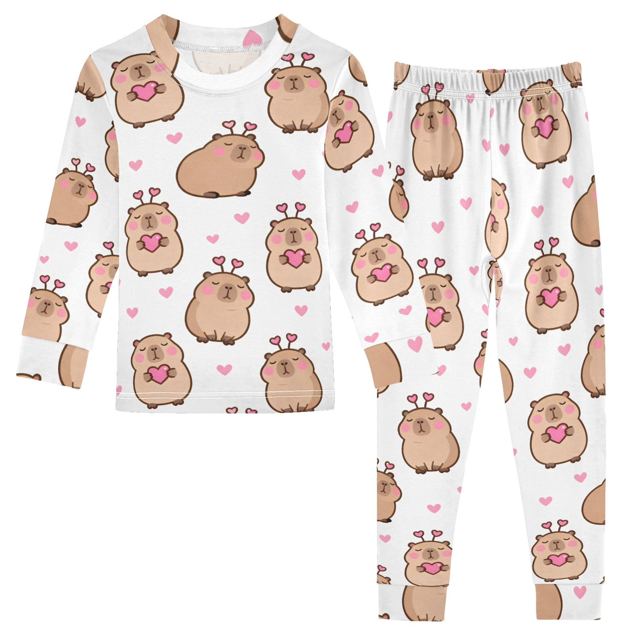 Capybara Pink Hearts Pattern Cotton Pajamas 2 Piece Set Sleepwear Soft ...