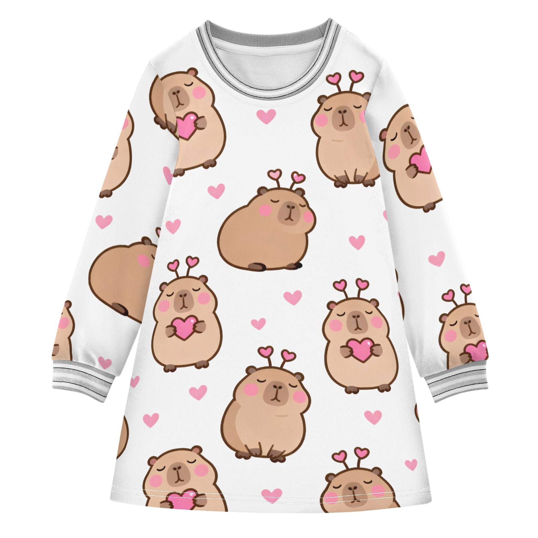 Capybara Pink Hearts Pattern Girls'long-sleeved dress Thickened A-dress ...