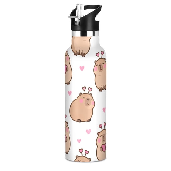 Capybara Pink Hearts Pattern Sport Water Bottle for Kids Insulated with Straw for School Outdoor Daily Use