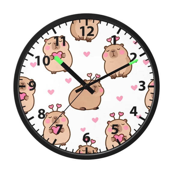 Capybara Pink Hearts Pattern Wall Clock 12 Inch Voice Activated Night Light Silent Non Ticking