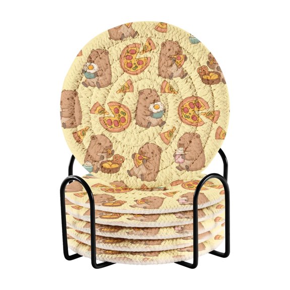 Capybara Pizza Pattern Bar Coasters 6 Pack Braided Coasters with Holder Absorbent Heat Resistant