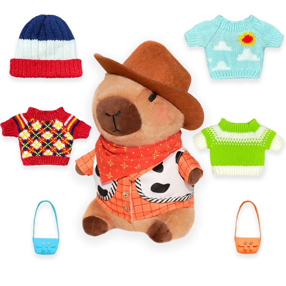Capybara Plush with 10PCS Clothes & Accessories, 10.2 Inch Dress Up Capybara Stuffed Animal with 2 Hats, 3 Sweaters, 1 Outfit, 2 Bags & 1 Scarf, Cute Plush Toy Gift for Kids Birthday & Christmas