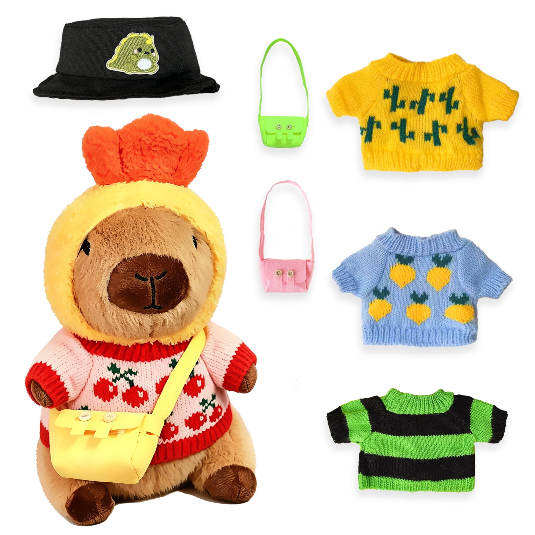 Capybara Plush with 9 Clothes & Accessories, Dress Up Stuffed Animal, 10.2 Inch Cute Plush Toy with 2 Hats, 4 Sweaters and 3 Bags, Birthday or Christmas Gift for Girls and Boys