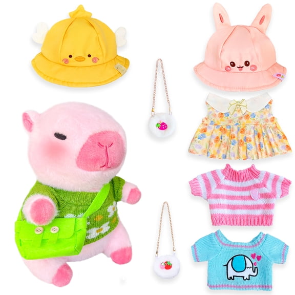 Capybara Plush Dress-Up Set, 10.2 Inch Stuffed Animal Plushie with 8/9 Clothes & Accessories (2 Hats + 4 Sweaters + 2/3 Bags), Cute Plush Toy for Birthday & Holiday Gifts