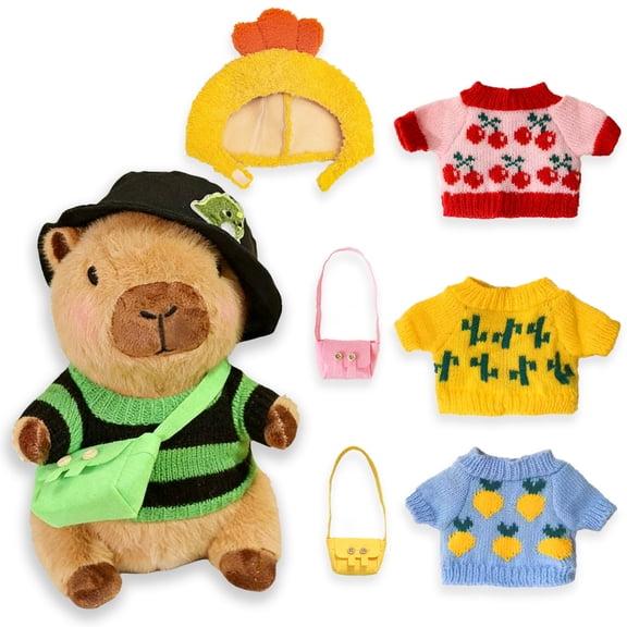 Capybara Plush Dress-Up Set, 10.2 Inch Stuffed Animal Plushie with 8/9 Clothes & Accessories (2 Hats + 4 Sweaters + 2/3 Bags), Cute Plush Toy for Birthday & Holiday Gifts
