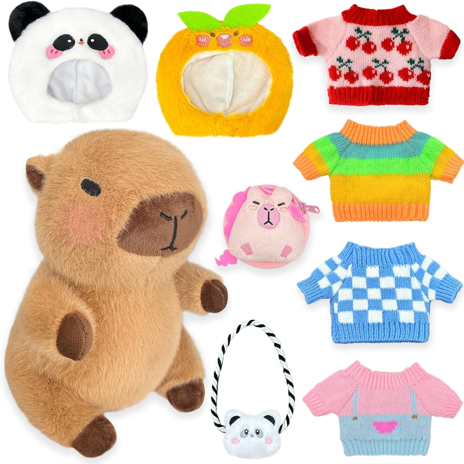Capybara Plush with 9 pcs Clothes & Accessories, 10.2 in Cute Capybara Stuffed Animal Plush Toys, Dress Up Cute Plushies for Girls/Boys (Black)