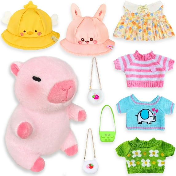 Capybara Plush with 9 pcs Clothes & Accessories, 10.2 in Cute Capybara Stuffed Animal Plush Toys, Dress Up Cute Plushies for Girls/Boys