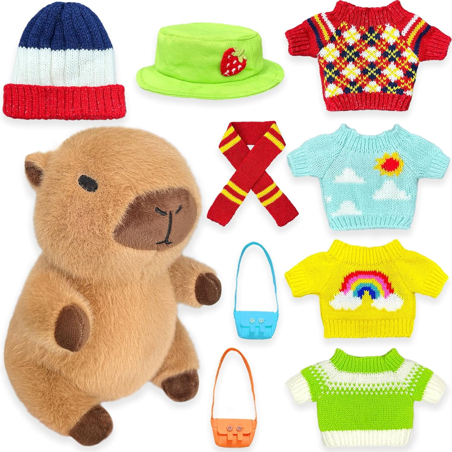 Capybara Plush with 9 pcs Clothes & Accessories, 10.2 in Cute Capybara Stuffed Animal Plush Toys, Dress Up Cute Plushies for Girls/Boys