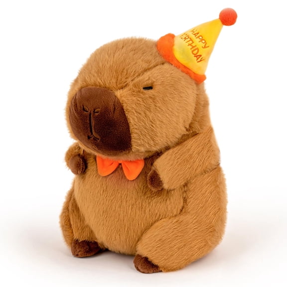 Capybara Plush with Happy Birthday Hat Bow Soft Capibara Stuffed Animal Plushies Toys for Birthday Gifts Party Decoration for Kids Brown 9 inch