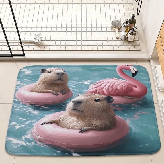 Capybara Pool Floating Bathroom Mat - Cute capybara and pink flamingo-shaped non-slip rug suitable for bathrooms, showers, doorways, rooms, etc. - Capybara-themed decorative mat