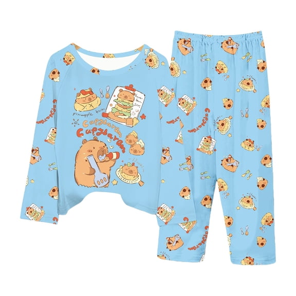 Capybara Print Girls Long Sleeve Pajama Kids Cute Animal Themed Sleepwear Two Piece Outfit Girls Nightwear Clothes