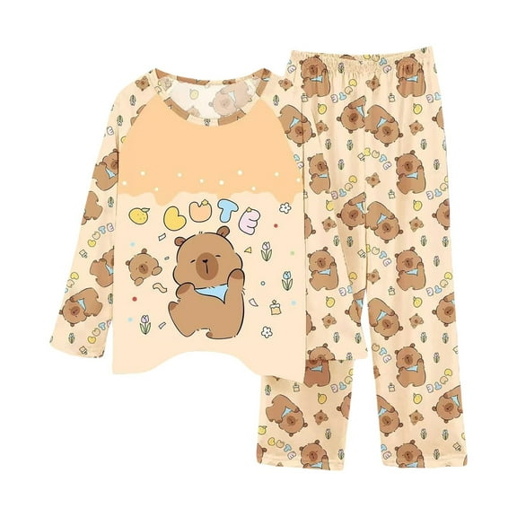 Capybara Print Girls Long Sleeve Pajama Kids Cute Animal Themed Sleepwear Two Piece Outfit Girls Nightwear Clothes
