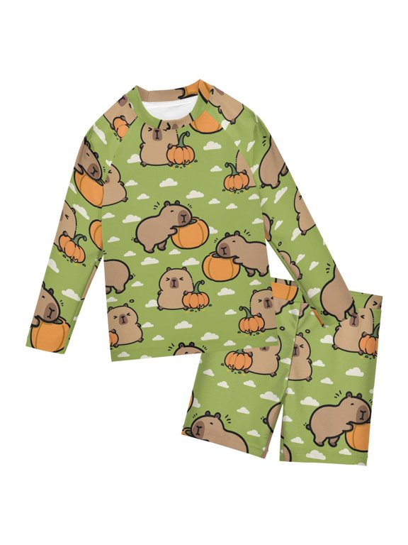 Capybara Pumpkin Cloud Pattern Boys' Bathing Suit UPF 50+ Boys' Rash Guard Sets Stretchy Quick Dry 3T-10T