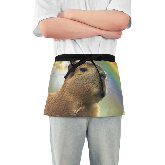 Capybara Rainbow Flowers Sun Short Server Apron with 3 Pockets for Unisex Chef Gardening
