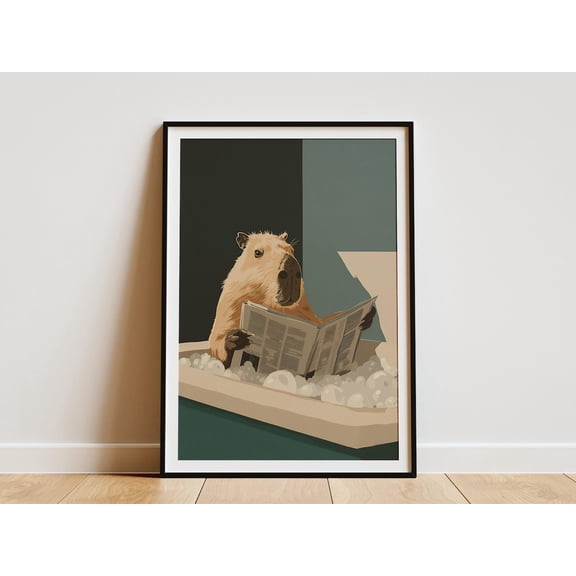 Capybara Reading Newspaper In Bathtub Bubble Bath Vintage Style Animal Home Poster Unframed Paper Print