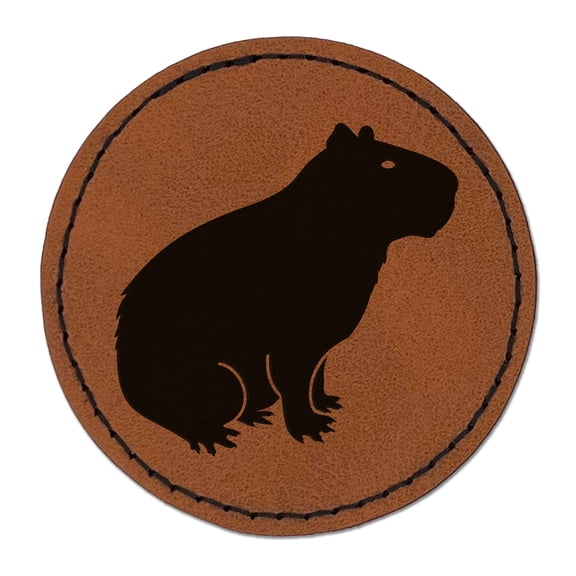 Capybara Rodent Silhouette 2.5" Faux Leather Round Engraved Iron-On Patch - Brown
