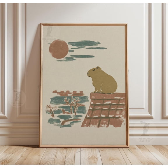 Capybara Rooftop Sunset Minimal Landscape Illustration Japanese Style Wall Art, Unframed Poster