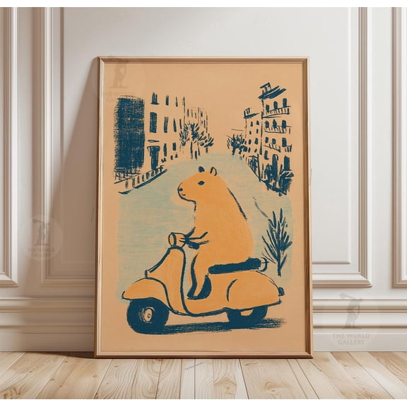 Capybara Scooter Poster City Street Animal Illustration Minimal Art, Unframed Poster