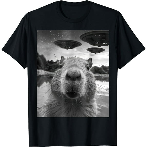 Capybara Selfie with UFOs Weird Unisex T-Shirt for Men Women Kids Toddler,Black Color,Size 3XL