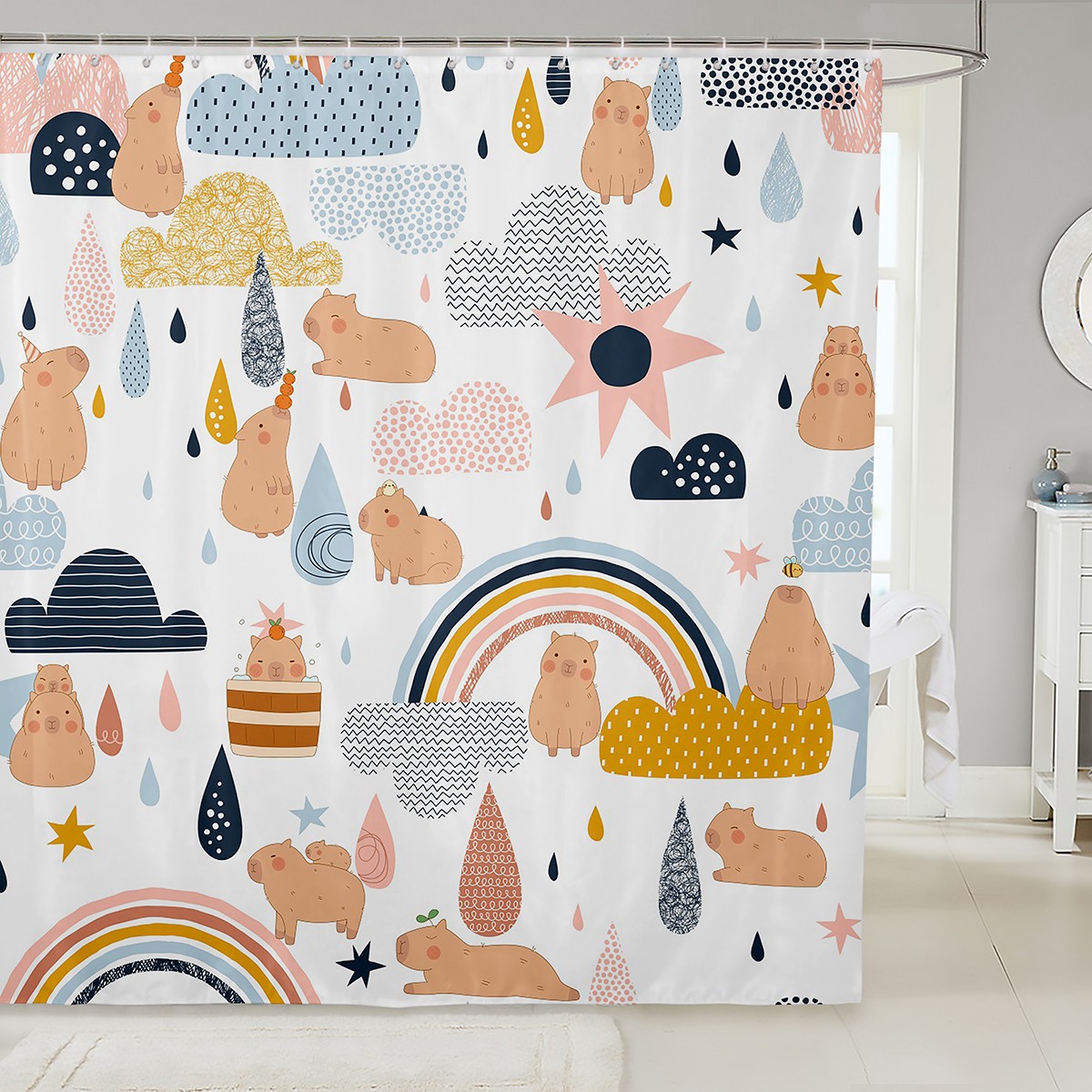 Capybara Shower Curtain, Rainbow Decor Fabric Shower Curtain Capybara