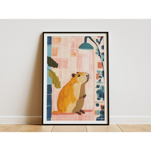 Capybara Showering Painting Print Bathroom Art Cute Animal Poster Pink and Orange Modern Art Animal Lover Gift Unique Wall Decor Boho - Poster Unframed