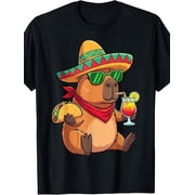 Capybara With Sombrero Taco Mexican Fiesta Graphic T-Shirt, Unisex Cotton Crew Neck Short Sleeve Tee, Vintage Funny Animal Casual Novelty Shirt, Gift For Capybara Lovers