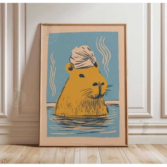 Capybara Spa Poster Blue Background Animal Illustration Minimal Bath, Unframed Poster