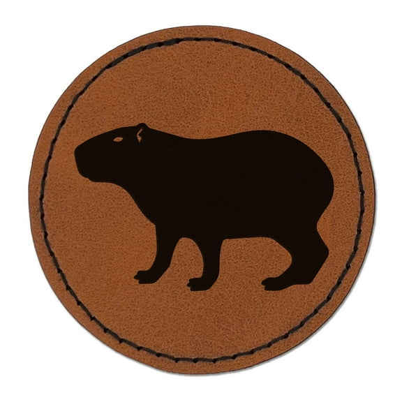 Capybara Standing Silhouette 2.5" Faux Leather Round Engraved Iron-On Patch - Brown
