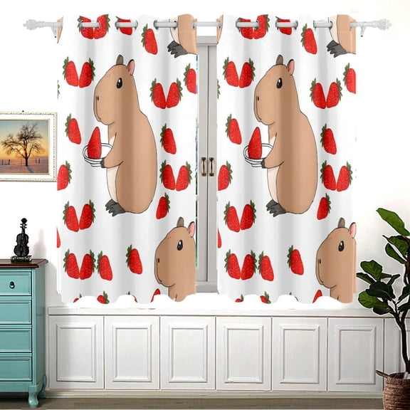 Capybara Strawberry Black Out Curtains Aesthetic for Bedroom Living Room Sliding Glass Doors Kitchen Windows 2 panels set