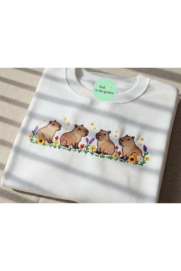 Capybara Summer Flower Embroidered Shirt, Cute Cottagecore Animal Tee, Aesthetic Chill Wildlife T-shirt, Nature Lover Gift for Her