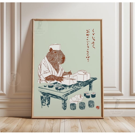 Capybara Sushi Chef Illustration Japanese Ink Animal Food Poster, Unframed Poster