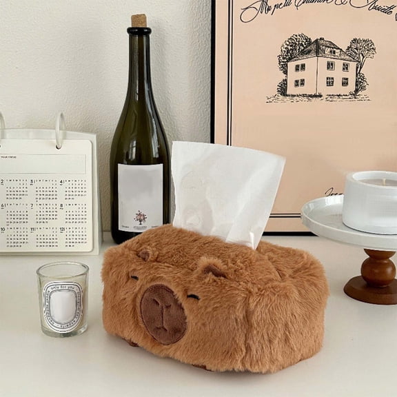 Capybara Tissue Box Cover Cute Animal Napkin Holder Capybara Plush Napkin Storage Dispenser Organizer Tissue Box Case For Nursery Bathroom Bedside Desk-Brown