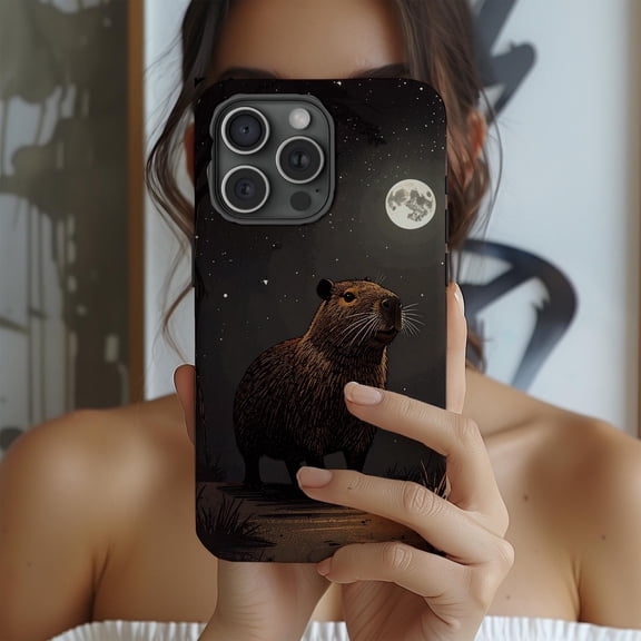 Capybara Under Full Moon Starry Night Tough Cell Phone Case for Apple iPhone, Polycarbonate and TPU