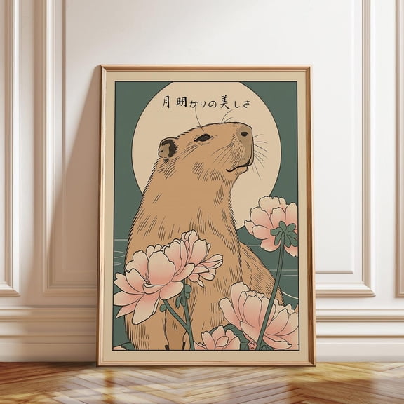 Capybara Under Moonlight Floral Japanese Style Animal