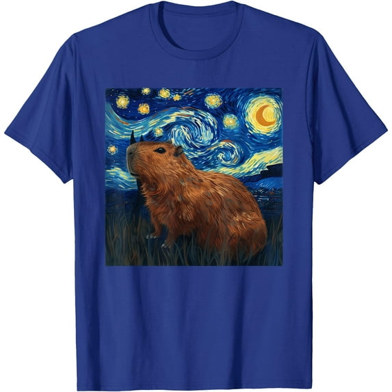 Capybara Van Gogh Style Starry Night Unisex T-Shirt for Men Women Kids Toddler,Royal Blue Color,Size 4T