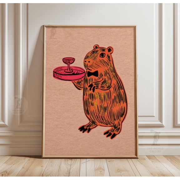 Capybara Waiter Poster Minimal Line Animal Character Wall Art Decor, Unframed Poster