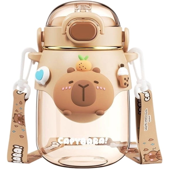 Capybara Water Bottle with Straw – Cute Summer Plastic Bottle for Students, Leakproof Kapibara Cup with Lid & Portable Strap,820ml