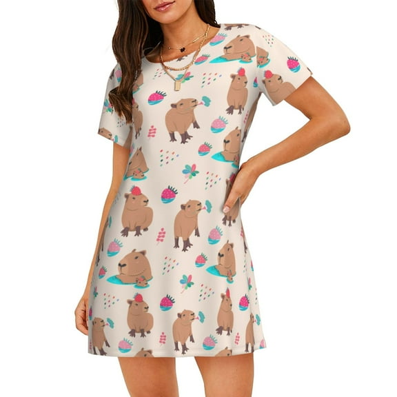 Capybara Women'S Nightgown Sleepwear Short Sleeves Nightshirt Loose Comfy Pajama Large