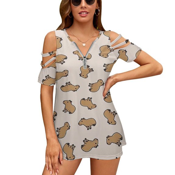 Capybara Womens Summer V Neck Zipper Top Short Sleeve T Shirt Off Shoulder Top Casual Classy Loose Shirts