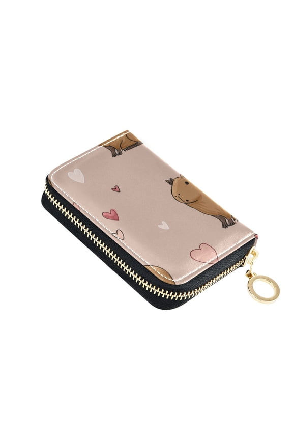 Capybara and Valentine Hearts Women's Credit Card Holder PU Leather Zipper Wallet RFID Blocking