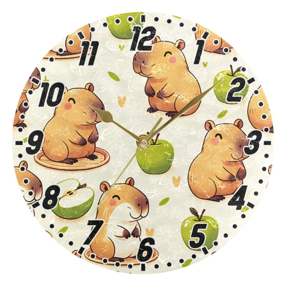 Capybara with Apple Round Wall Clock Battery Operated Silent Non-Ticking Bedroom Office Kitchen Home School Decor 10"(Gold)