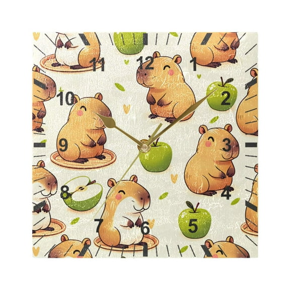 Capybara with Apple Wall Clock Battery Operated Silent Non-Ticking Bedroom Office Kitchen Home School Decor 7.8"(Gold)