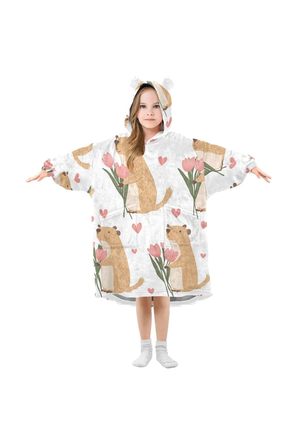 Capybara with Flowers Hearts Valentine Flannel Wearable Blankets Hooded Design Long Sleeves Wrap Unisex for 3T-14Y S