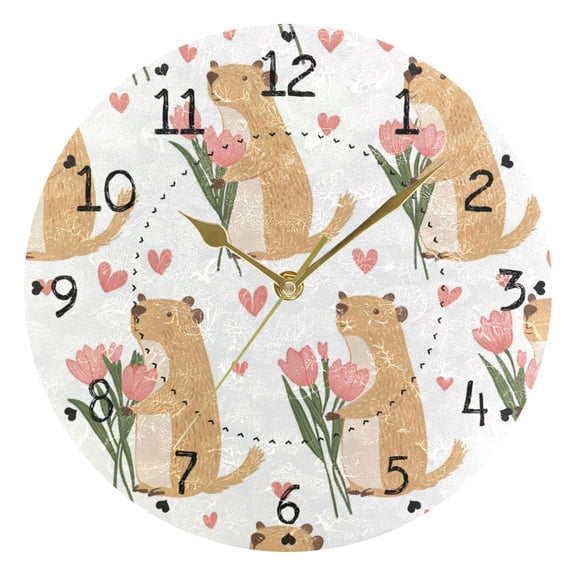 Capybara with Flowers Hearts Valentine Round Wall Clock Silent Analog Battery Operated Gold Pointer Home Decor 9.84" Diameter
